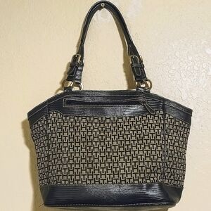 Vintage TOMMY HILFIGER Black on Cream Logo Print Canvas and Faux Leather